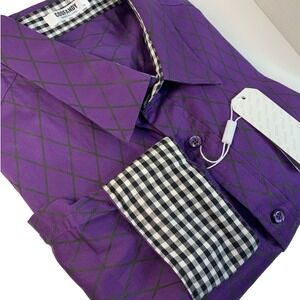 Coofandy Diamond Long Sleeve Button Up  Men M Flip Cuff Gingham Contrast NWT